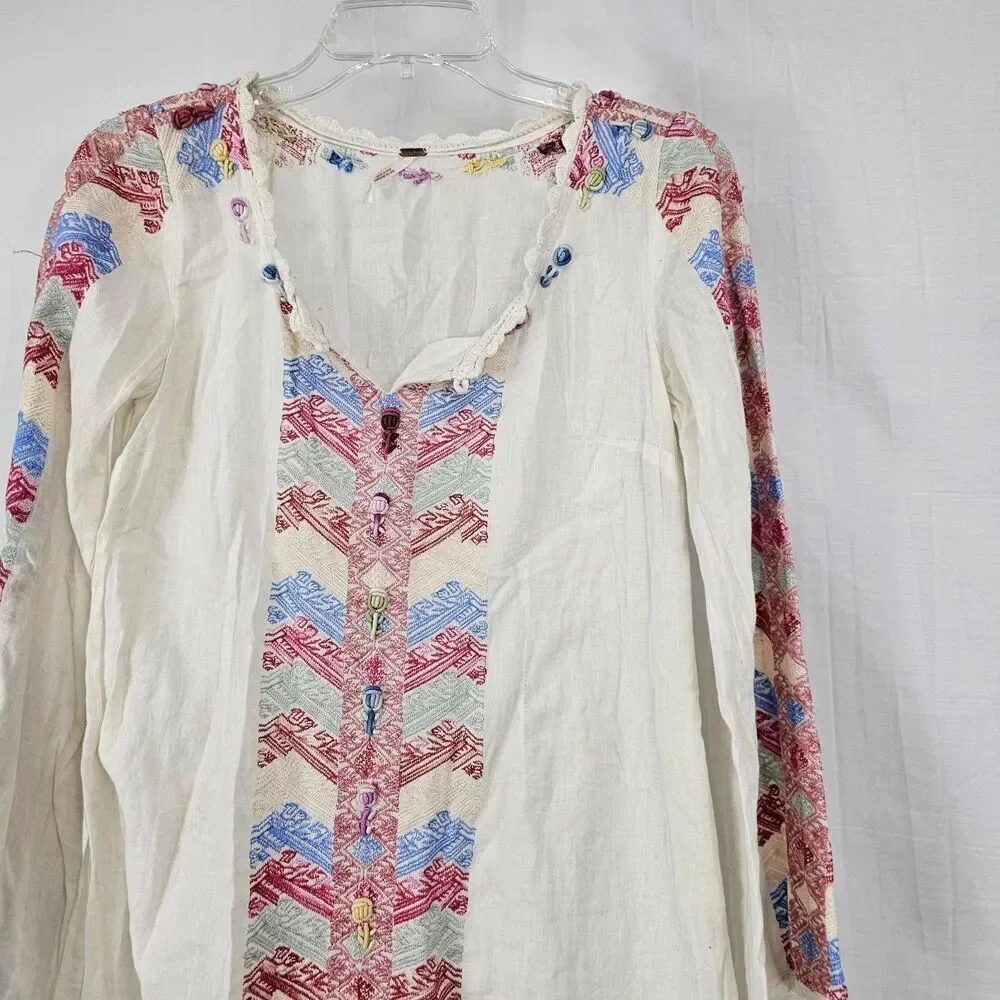 RARE Free People Embroidered Bell Sleeve Boho Mini Dress Misty Meadow $168 Sz 2
